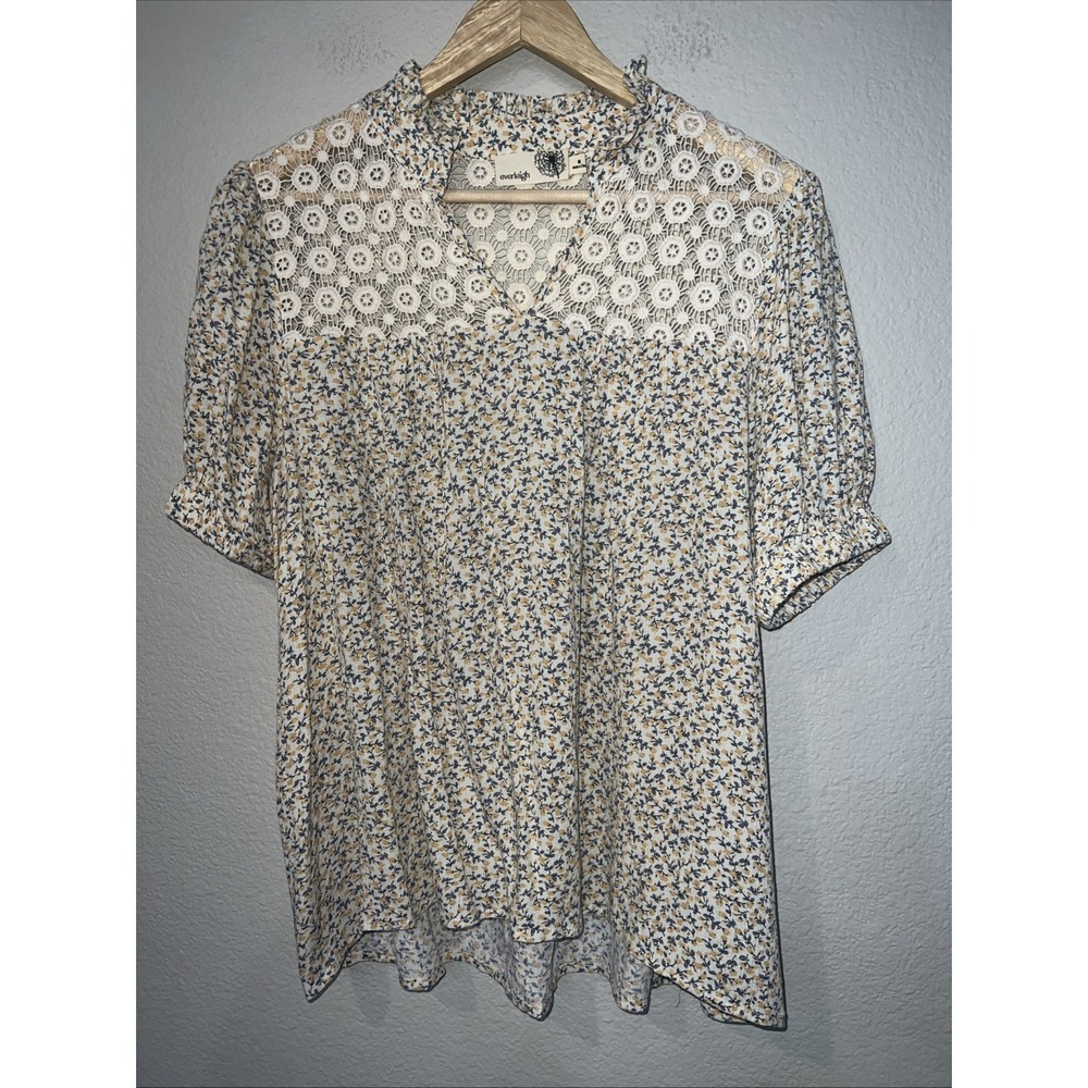 EVERLEIGH YELLOW/BLUE Floral Print Ivory Crochet Lace Yoke Blouse MEDIUM